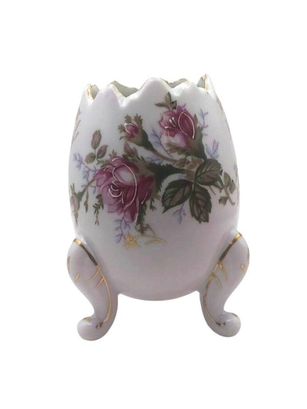 Napcoware Cracked Egg Vase Porcelain Pink 22K Gold Hand Painted Floral Vintage